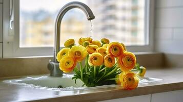 Beautiful lush bouquet of yellow ranunculus flowers on a marble kitchen counter under the window. Buttercups in the sink with running water. Close up, copy space, background, AI Generative photo