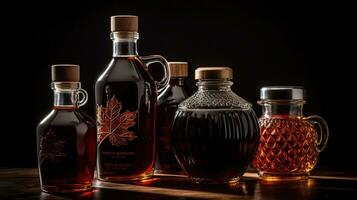 Bottle and jars of tasty maple syrup on dark background, generative ai photo