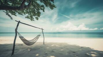 Tropical beach and sky background as exotic summer landscape with beach swing or hammock and white sand and calm sea beach. AI Generative photo