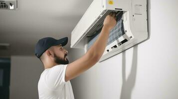 Male technician fixing air conditioner indoors, AI Generative photo