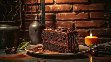 Tasty chocolate cake on brick wall background. Generative AI photo