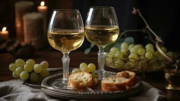 Two wine glasses of vintage chardonnay with delicious appetizers. Couple of glasses of white wine, italian breadsticks, figs and grapes. Interior background. Close up, copy space. AI Generative photo