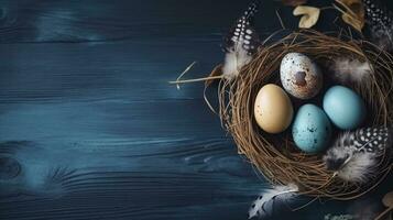 Easter eggs, feathers in a nest on a blue wooden background. The minimal concept. Top view. Card with a copy of the place for the text, generative ai photo
