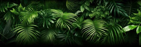 Green leaves, Group background of dark green tropical leaves background. Generative Ai. photo