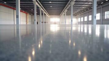 Empty of Modern factory for manufacturing production plant or large warehouse. Polished concrete floor clean condition and space for industry product. Generative Ai photo