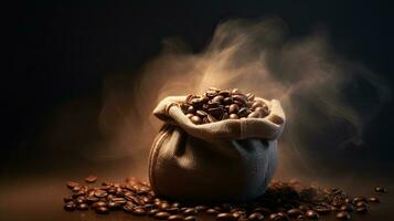 Close up of Coffee beans with smoke in a bag. Arabica or Robusta coffee beans, Generative Ai photo