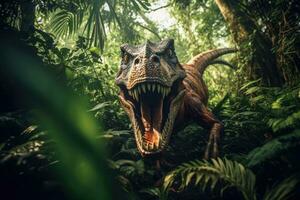 A Tyrannosaurus rex dinosaur in the jungle. Tyrannosaurus rex. Generative Ai photo