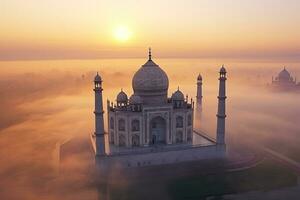 Aerial view of Taj Mahal in the Indian city of Agra, Uttar Pradesh. Morning fog. Sunrise. Generative Ai. photo