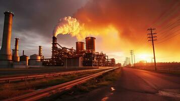 Industrial chimneys in the evening light, global warming, toxic air at sunset. industry. Generative Ai photo