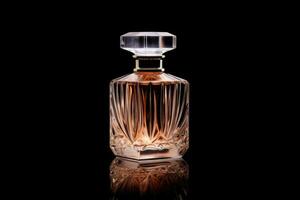 elegante transparente botella perfume en negro antecedentes. generativo ai foto