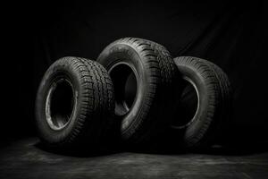 New Car tires pile on dark background. Generative AI photo