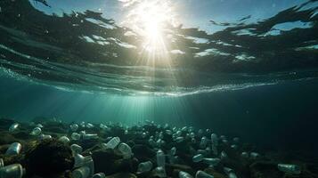 un lote de el plastico agua botellas contaminación en océano. ambiental proteccion concepto. generativo ai foto