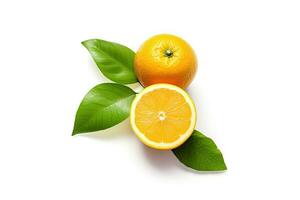 naranja con cortar en medio y verde hojas aislado en blanco antecedentes. naranja jugo. generativo ai foto