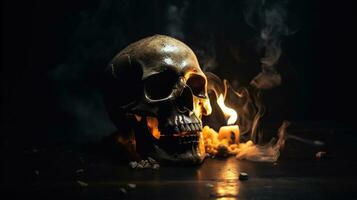 cráneo quemado en fuego en oscuro Víspera de Todos los Santos noche. concepto de Víspera de Todos los Santos, generativo ai foto