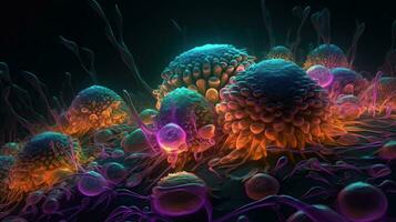 cáncer células, maligno células debajo microscopio, 3d ilustración, extremo dmt viaje, ai generativo foto