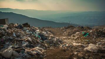 Pollution problem, mountain garbage in Municipal landfill for household waste, Generative AI photo