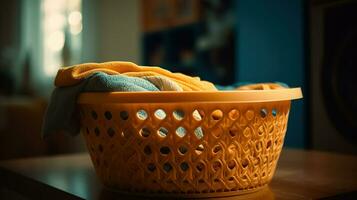 Laundry in washing machine and basket indoors. AI Generative photo