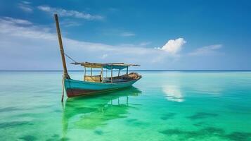 Serene Harmony in the Emerald Waters and Skies Enveloping the Lone Boat. Generative AI photo