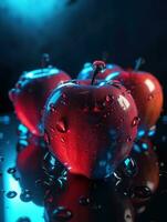 Beautiful Spectral Light, A bunch of Red Apple, apple petals Blue Light Glinting on, Background is Blue,water drop reflection light, generative ai photo