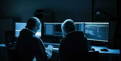 Two people sitting at a computer desk in the dark, in the style of cybernetic, luminous shadows, Generative AI photo