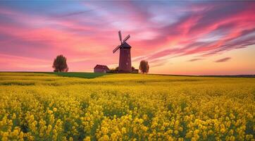 A Pre-Sunrise Journey Through Windmills and Beautiful Rapeseed Fields, Generative AI photo