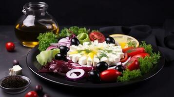 Salad with fresh vegetables olives tomatoes red onion greek cheese feta and olive oil isolated, generative ai photo