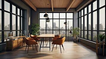 Clean luxury wooden and concrete coworking office interior with windows and city view, carpets, Generative AI photo