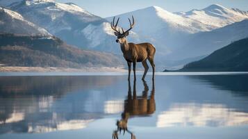 ciervo silueta y cuerno reflexión a orilla del lago con Nevado picos generativo ai foto