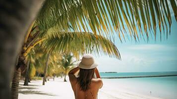 A young woman relaxes on the shore of a tropical island under coconut trees. Generative AI photo