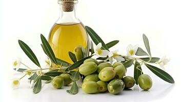 The Essence of Mediterranean, An Olive Branch, Olives, and Olive Oil on a White Background. Generative AI photo