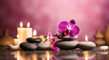 Spa still life with spa stones, burning candles and orchid. Generative AI photo