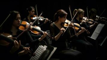 sinfonía orquesta primero violín sección ejecutando en oscuro fondo, generativo ai foto