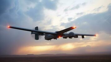An unmanned aerial vehicle launches missiles at a target. Generative AI photo