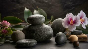 Composition with symbolic objects for spa salon. Stone therapy attributes for cosmetic procedures. Conceptual image, rocks and flowers representing balance. Close up, AI Generative photo