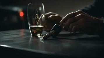 Close up view of man with car key and alcoholic beverage. Don't drink and drive concept, AI Generative photo