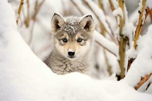 A Cute wolf baby  in winter snow. Generative AI. photo