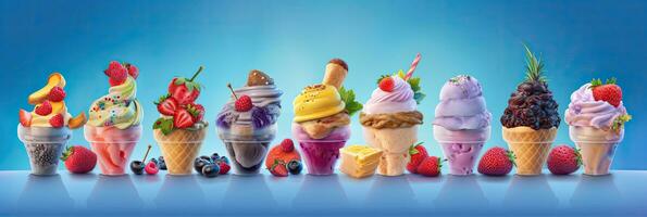 Ice Cream, Set of ice cream scoops of different colors and flavours with berries, nuts and fruits decoration on blue background. Generative Ai photo