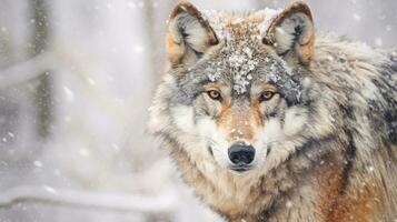 Adult wolf in winter snow. Generative AI. photo