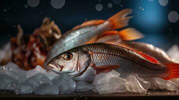 japanese fresh fishes and crustacean on ice. Generative Ai photo