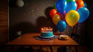 Table with birthday cake and balloons near color wall. AI Generative photo