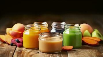 Jars with different baby food on wooden table, AI Generative photo