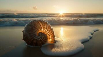 tyndall efecto ligero rayos mediante el grande nautilo caparazón, tendido en el playa en el olas de el océano, ai generativo foto