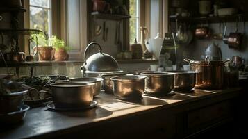 un antiguo casa de Campo cocina, en luz de sol, muchos ollas y sartenes, comida en el encimera, ai generativo foto