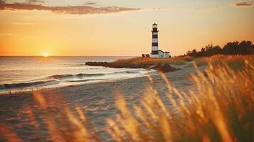 Golden paints of sunset in scene of summer beach and lighthouse with illuminated grass, Generative AI photo