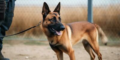 Belgian Shepherd Malinois guarding the border with a border guard. Generative AI photo