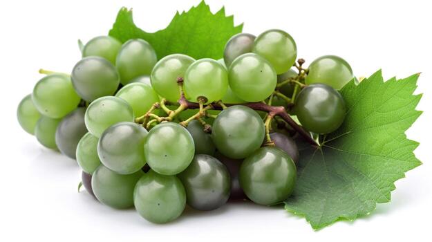 Green grape with leaves isolated on white. With clipping path. Full depth of field, generative ai photo