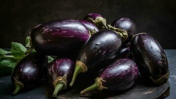 Bunch of ripe organic polished eggplants laid in composition on grunged stone background. Aubergine vegetables at table counter. Clean eating concept. Generative AI photo