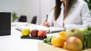 nutricionista trabajando a escritorio en oficina, de cerca vista, generativo ai foto