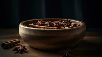 Wooden bowl with cinnamon sticks and anise on table. AI Generative photo
