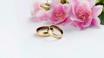 Pink flowers and two golden wedding rings on white background. AI Generative photo